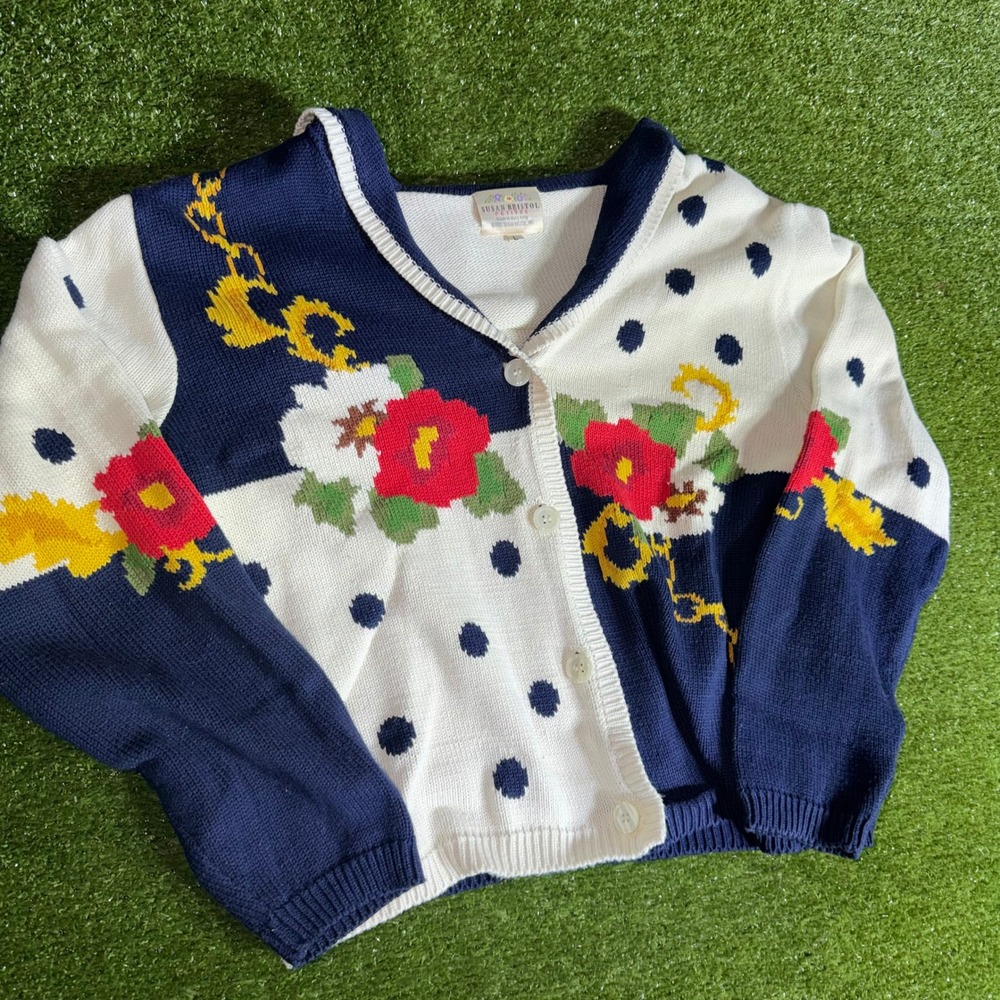 Vintage 1992 Susan Bristol Petites Floral Polka Dot Sailor Collar Cardigan L - Picture 2 of 7
